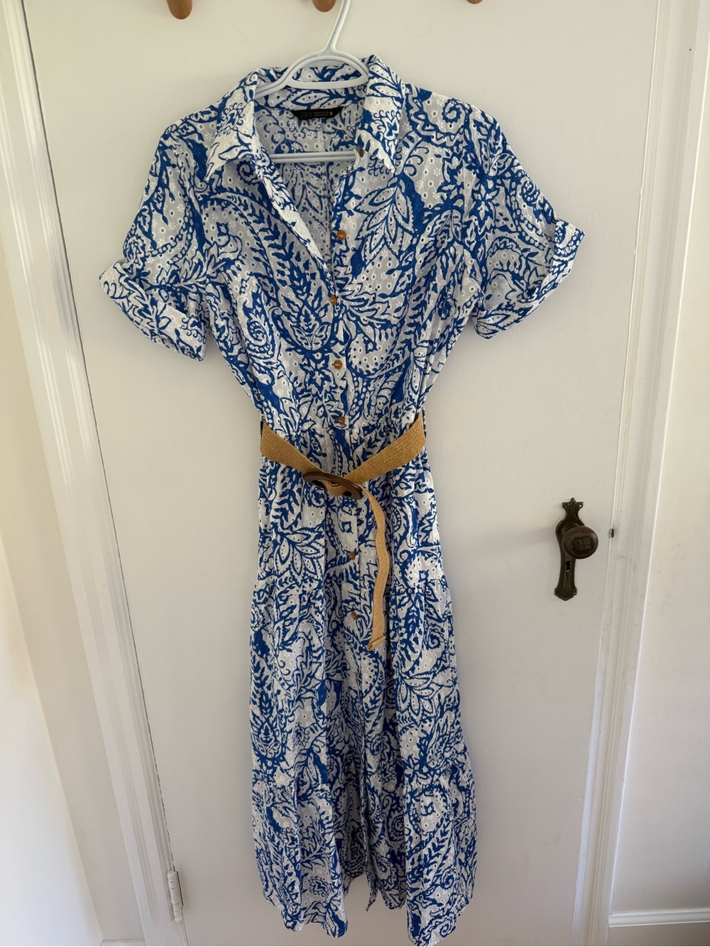 Zara Blue and White Paisley Maxi Shirt Dress with Tan Belt